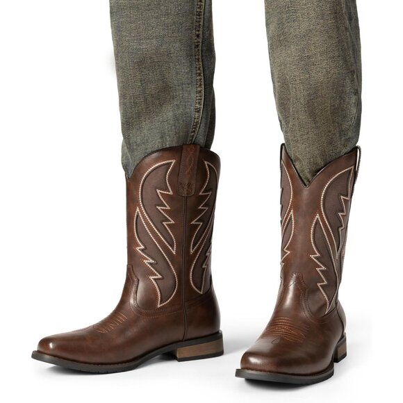 Men\'s Coffee Durable Cowboy Classic Slip On Western Boots With Chic Embroidered